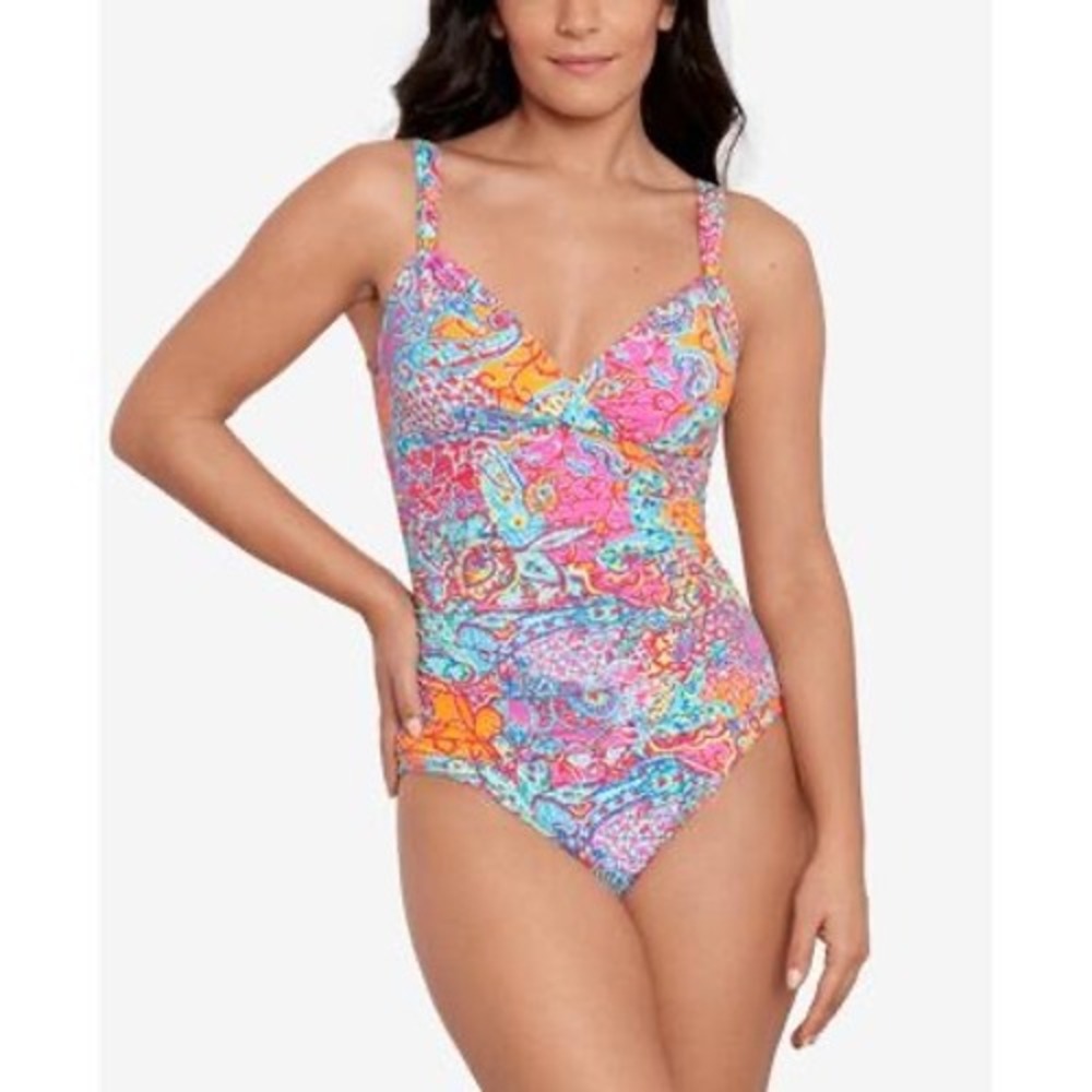 Lauren Ralph Lauren Swimsuit Womens 10 Paisley Surplice Slimming One Piece NEW